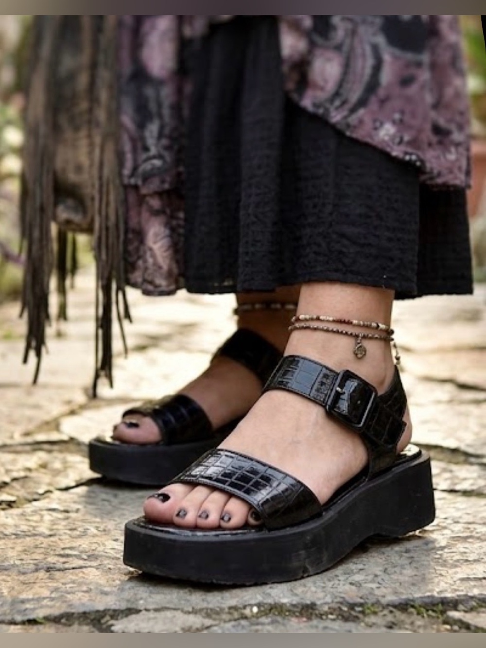 STAUD NICKY WOMENS OPEN TOE CROC EMBOSSED STRAPPY SANDALS BLACK 9.5‎ Casual 133